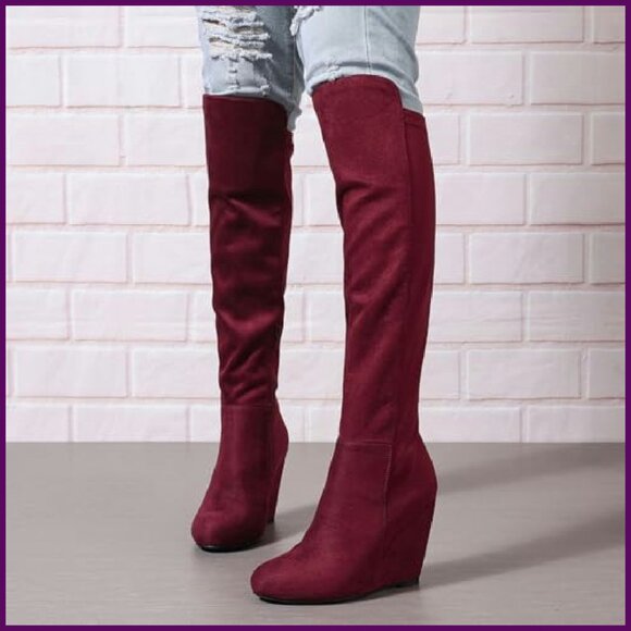 Women's Suede Wedge Heel Over the Knee Boots Stretch Fit Fashion Tall Boots - Picture 6 of 8